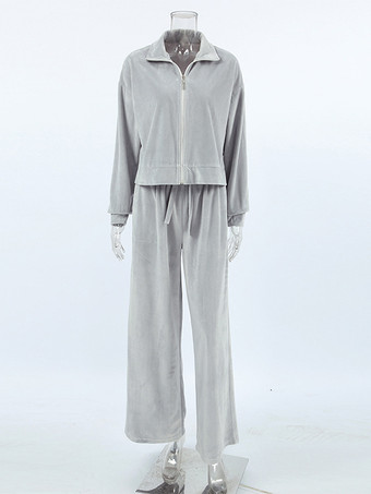 ベルベットのツーピースコーデセット ジップアップトップスとワイドレッグボトムス レディース 春コーデ 2025