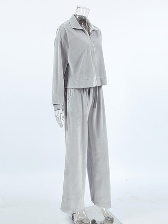 ベルベットのツーピースコーデセット ジップアップトップスとワイドレッグボトムス レディース 春コーデ 2025