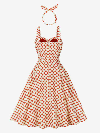 ドット柄Aラインミディ丈ヴィンテージドレス（ヘッドバンド付き）レトロコーデセット（レディース）2026