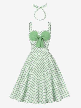 グリーン ドット柄Aラインミディ丈ヴィンテージドレス（ヘッドバンド付き）レトロコーデセット（レディース）2026