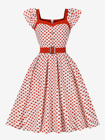 レッド ベルト付きポルカドットAラインレトロドレス ヴィンテージ風ミディドレス レディース 2026