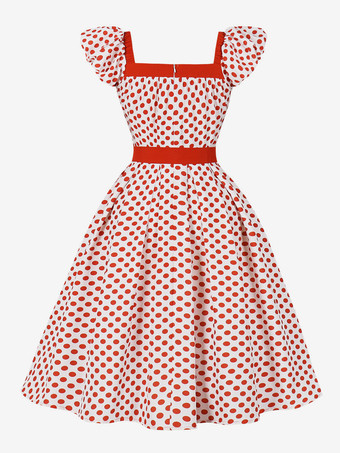 ベルト付きポルカドットAラインレトロドレス ヴィンテージ風ミディドレス レディース 2026