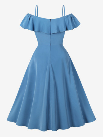 オフショルダー レトロ ミディドレス フリル Aライン ヴィンテージドレス レディース 2025