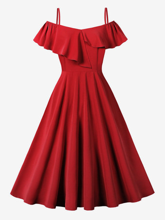 レッド オフショルダー レトロ ミディドレス フリル Aライン ヴィンテージドレス レディース 2025