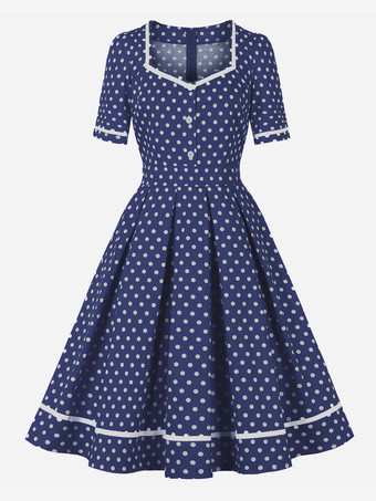 ディープブルーレトロな水玉模様のミディドレス 半袖 Aライン ヴィンテージドレス レディース 2025