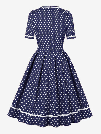 レトロな水玉模様のミディドレス 半袖 Aライン ヴィンテージドレス レディース 2025