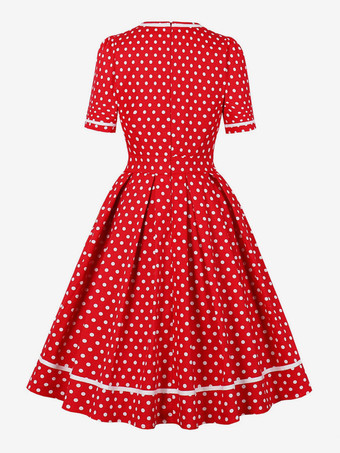 レトロな水玉模様のミディドレス 半袖 Aライン ヴィンテージドレス レディース 2025