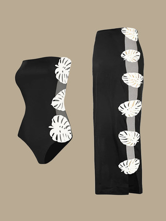 葉飾りストラップレスワンピース水着とマキシスカートセット 2025