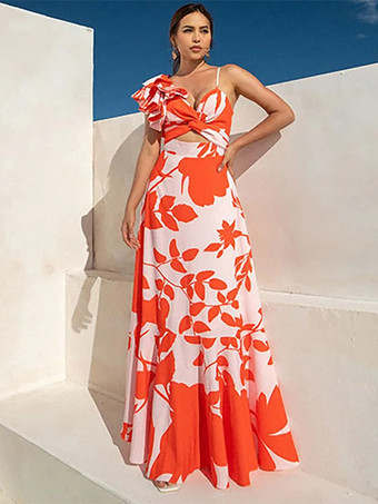 オレンジ2025年夏向けトロピカルプリントワンピース水着とロングスカートセット