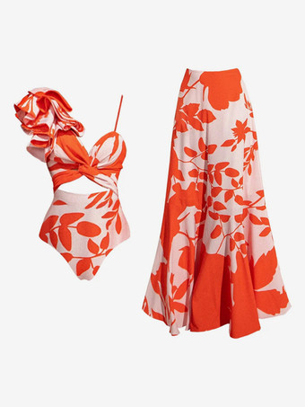 2025年夏向けトロピカルプリントワンピース水着とロングスカートセット