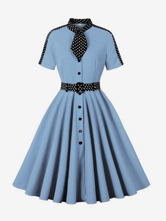 ライトスカイブルーレトロな水玉模様のシャツドレス、ネクタイとベルト付き、ヴィンテージ風ミディドレス、女性用 2025