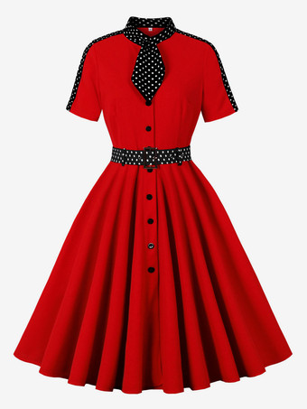 レッド レトロな水玉模様のシャツドレス、ネクタイとベルト付き、ヴィンテージ風ミディドレス、女性用 2025