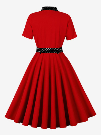 レトロな水玉模様のシャツドレス、ネクタイとベルト付き、ヴィンテージ風ミディドレス、女性用 2025