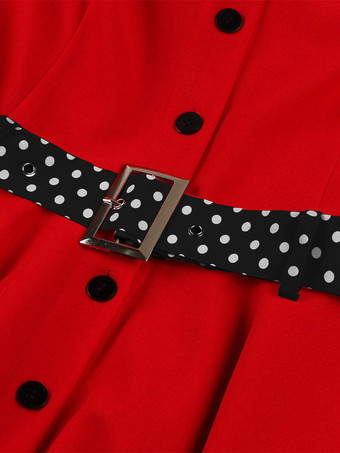 レトロな水玉模様のシャツドレス、ネクタイとベルト付き、ヴィンテージ風ミディドレス、女性用 2025