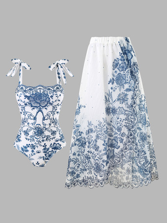 2025年夏のビーチにぴったりなブループリントワンピース水着とハイスリットカバーアップセット