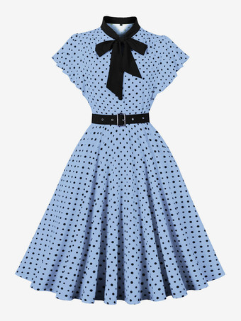 ライトスカイブルードット柄シャツドレス、ネクタイとベルト付き、フラッタースリーブ、ヴィンテージミディドレス、レディース 2025