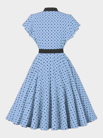 ドット柄シャツドレス、ネクタイとベルト付き、フラッタースリーブ、ヴィンテージミディドレス、レディース 2025