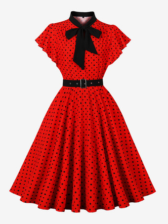 レッド ドット柄シャツドレス、ネクタイとベルト付き、フラッタースリーブ、ヴィンテージミディドレス、レディース 2025
