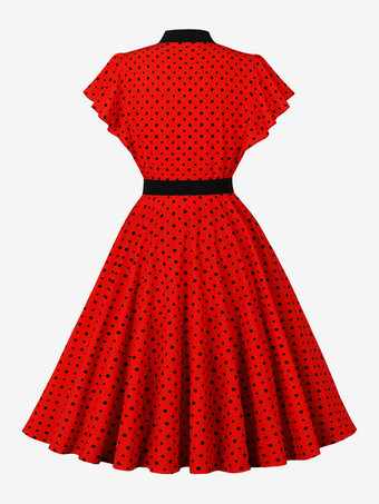 ドット柄シャツドレス、ネクタイとベルト付き、フラッタースリーブ、ヴィンテージミディドレス、レディース 2025