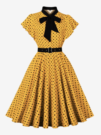 イエロードット柄シャツドレス、ネクタイとベルト付き、フラッタースリーブ、ヴィンテージミディドレス、レディース 2025