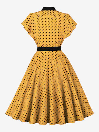 ドット柄シャツドレス、ネクタイとベルト付き、フラッタースリーブ、ヴィンテージミディドレス、レディース 2025