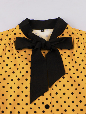 ドット柄シャツドレス、ネクタイとベルト付き、フラッタースリーブ、ヴィンテージミディドレス、レディース 2025