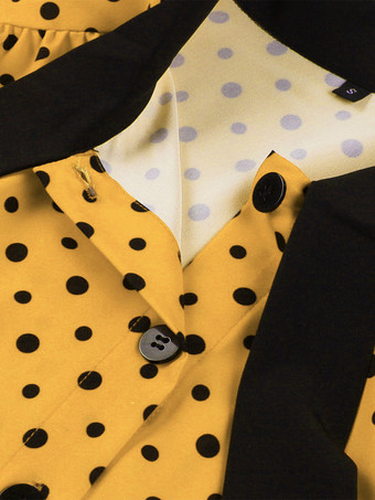 ドット柄シャツドレス、ネクタイとベルト付き、フラッタースリーブ、ヴィンテージミディドレス、レディース 2025