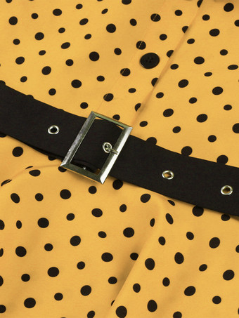 ドット柄シャツドレス、ネクタイとベルト付き、フラッタースリーブ、ヴィンテージミディドレス、レディース 2025