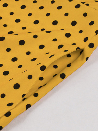 ドット柄シャツドレス、ネクタイとベルト付き、フラッタースリーブ、ヴィンテージミディドレス、レディース 2025