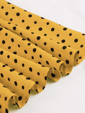 ドット柄シャツドレス、ネクタイとベルト付き、フラッタースリーブ、ヴィンテージミディドレス、レディース 2025