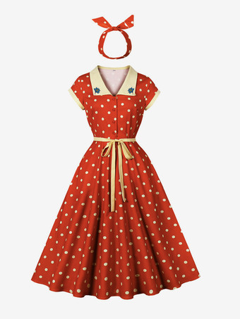 レッド ドット柄レトロシャツ ミディドレス（ベルトとヘッドバンド付き）ヴィンテージ風レディースコーデセット 2025