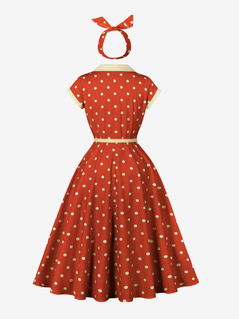 ドット柄レトロシャツ ミディドレス（ベルトとヘッドバンド付き）ヴィンテージ風レディースコーデセット 2025