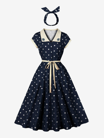 ダークネイビードット柄レトロシャツ ミディドレス（ベルトとヘッドバンド付き）ヴィンテージ風レディースコーデセット 2025