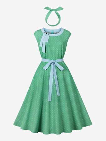 verde Vestido midi vintage de lunares con cinturón y diadema conjunto retro para mujer 2025