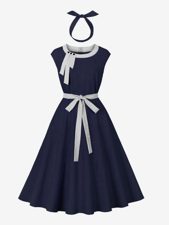 Azul marino oscuro  Vestido midi vintage de lunares con cinturón y diadema conjunto retro para mujer 2025