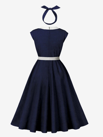 Vestido midi vintage de lunares con cinturón y diadema conjunto retro para mujer 2025