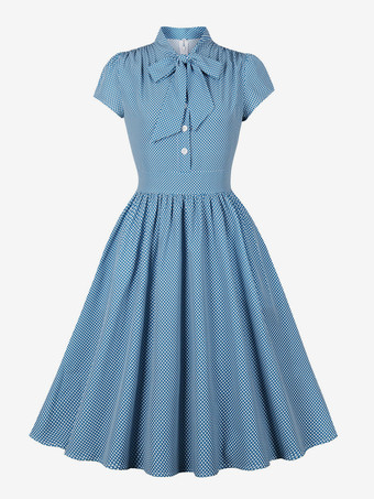 ライトスカイブルーポルカドットミディドレス ヴィンテージ風 半袖 レトロドレス レディース 2025