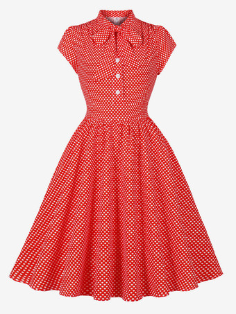 レッド ポルカドットミディドレス ヴィンテージ風 半袖 レトロドレス レディース 2025
