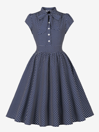 ダークネイビーポルカドットミディドレス ヴィンテージ風 半袖 レトロドレス レディース 2025
