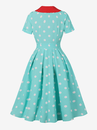 グリーン ポルカ ドット レトロ ドレス 半袖 ヴィンテージ風 A ライン ミディ ドレス レディース 2025