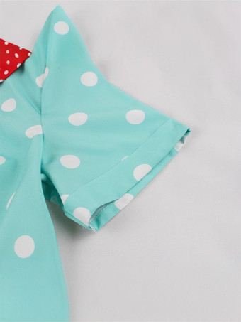 グリーン ポルカ ドット レトロ ドレス 半袖 ヴィンテージ風 A ライン ミディ ドレス レディース 2025