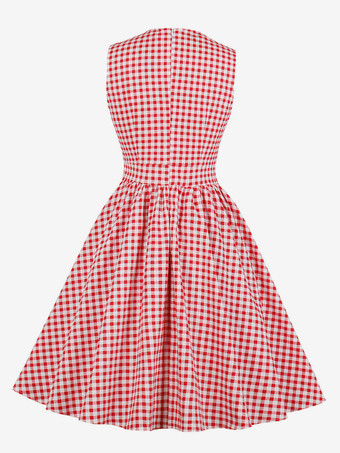 ギンガム A ライン ミディ ドレス リボン ディテール ノースリーブ V ネック ヴィンテージ ドレス レディース 2025