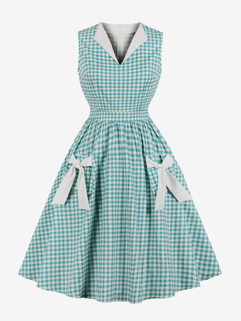 グリーン ギンガム A ライン ミディ ドレス リボン ディテール ノースリーブ V ネック ヴィンテージ ドレス レディース 2025