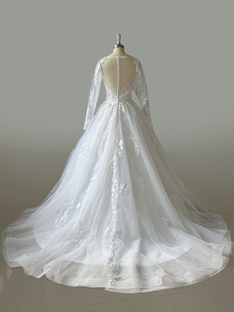 ホワイトウェディングドレスデザインネックラインロングスリーブトレーンチュールブライダルガウン