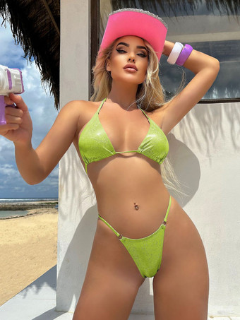 グリーン 光沢のある生地のシンプルな夏のビーチビキニ、女性用 2025