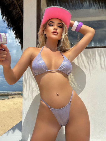 光沢のある生地のシンプルな夏のビーチビキニ、女性用 2025