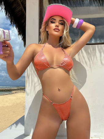 オレンジ光沢のある生地のシンプルな夏のビーチビキニ、女性用 2025