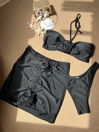 3Dフラワーホルターネックビキニとショートスカート3点水着セット2025