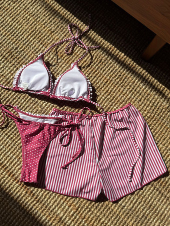 ストライププリントホルターネックビキニとショーツ3点水着セット2025