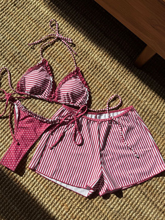 ストライププリントホルターネックビキニとショーツ3点水着セット2025